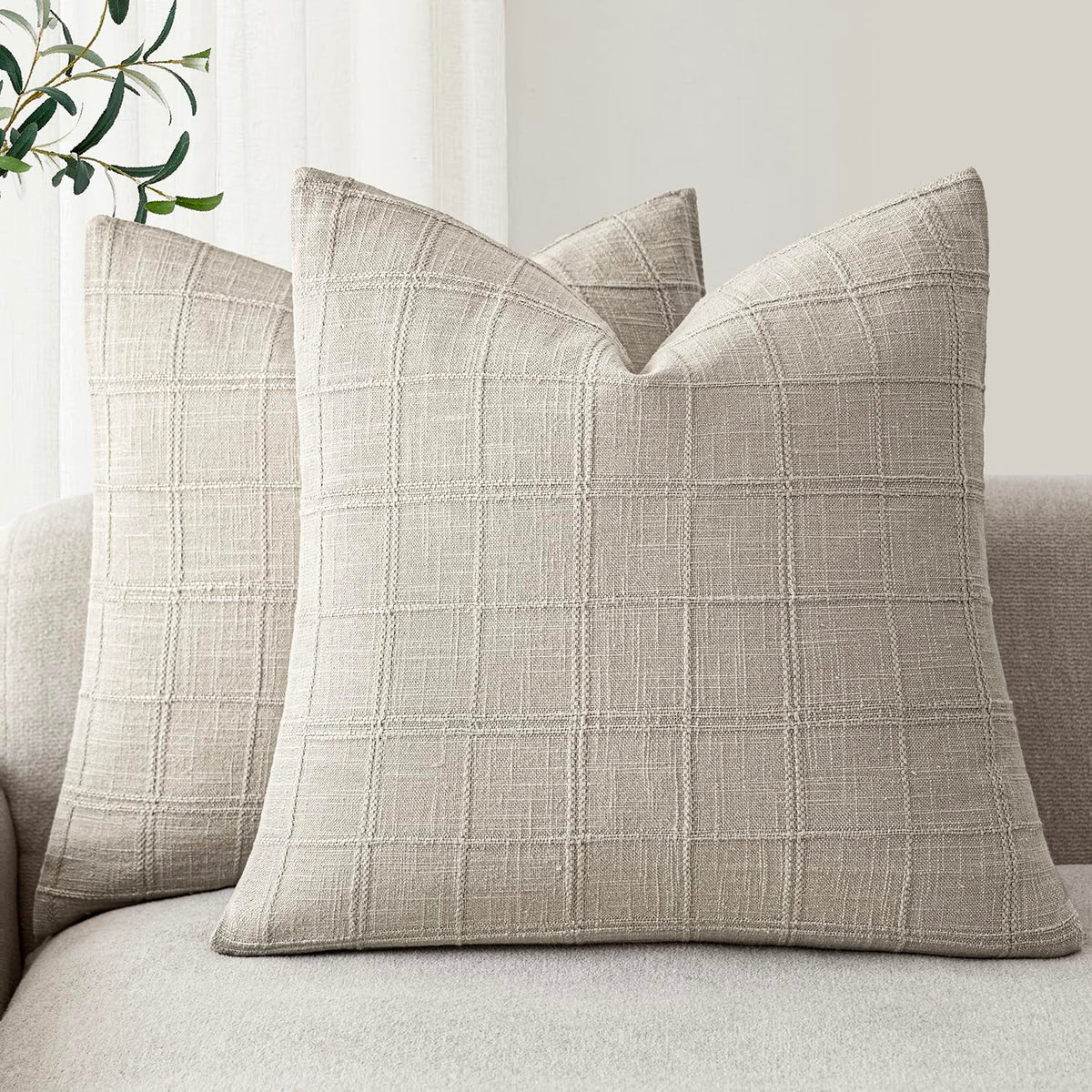 Foindtower Boho Linen Check Decorative Throw Pillow Cover 20×20 Olive Green