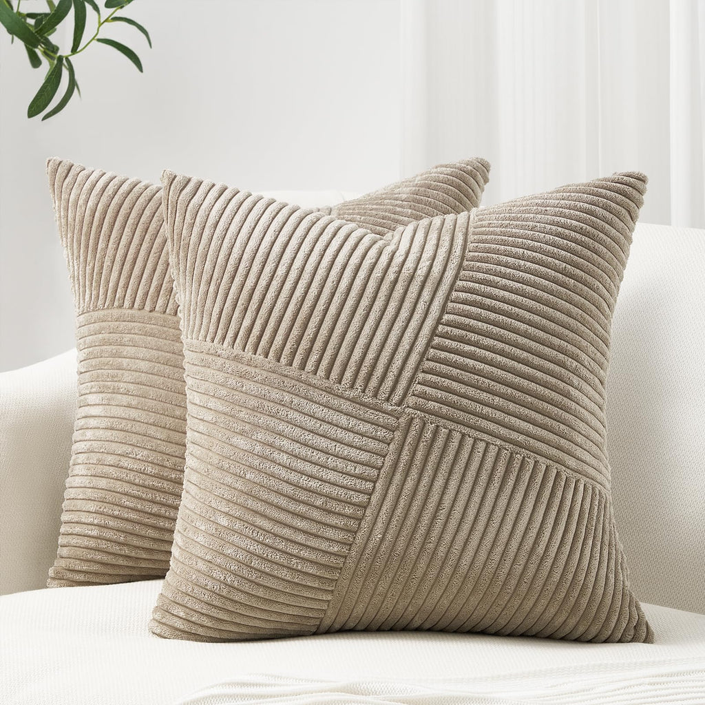 Topfinel Olive Green Decorative Throw Pillow Covers Set of 2 18x18 Inches for Couch Bed Sofa, Boho Aesthetic Home Decor, Soft Corduroy Striped Patchwork Windmill Textured Cushion Cases 45x45 cm