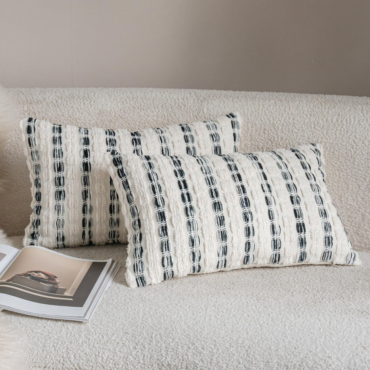 Caflife Beige Striped Chenille Boho Throw Pillow Covers 18x18 Inch Set of 2
