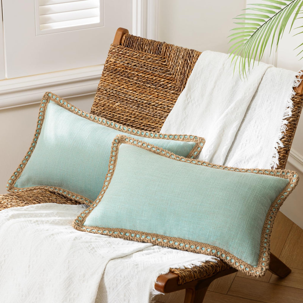 Phantoscope Pack of 2 Farmhouse Decorative Solid Throw Decorative Pillow Cover Burlap Linen Trimmed Tailored Edges Navy Blue 18 x 18 inches, 45 x 45 cm