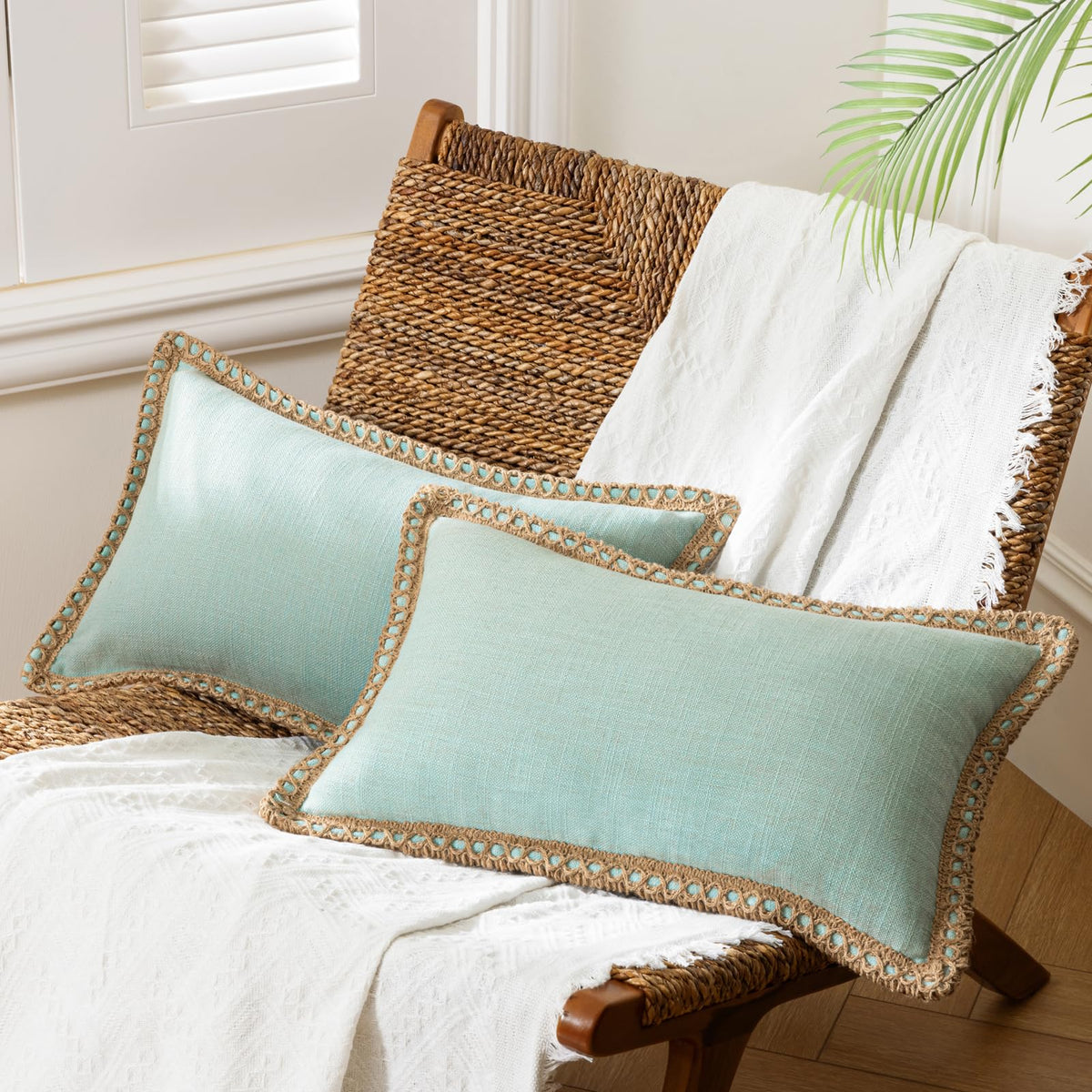 Phantoscope Pack of 2 Farmhouse Decorative Solid Throw Decorative Pillow Cover Burlap Linen Trimmed Tailored Edges Navy Blue 18 x 18 inches, 45 x 45 cm