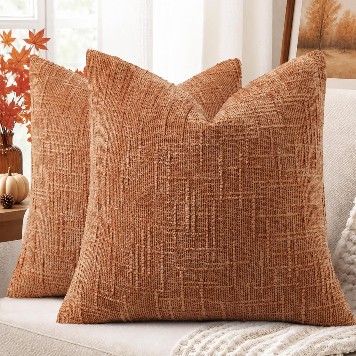 decorUhome Textured Chenille Throw Pillow Covers 18x18 Set of 2 Cream White