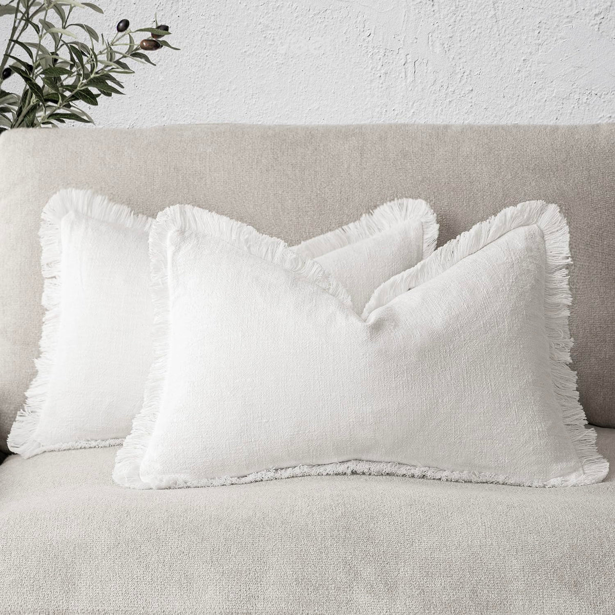 Foindtower Decorative Linen Fringe Throw Pillow Covers 18×18 Olive Green