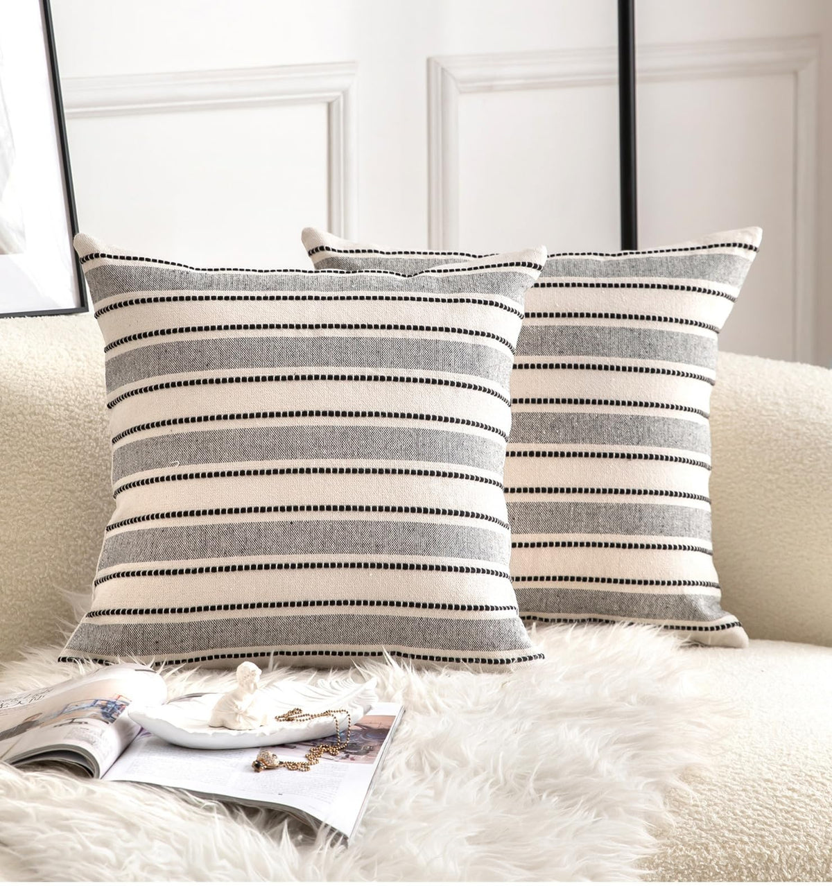 Cethom Decorative Boho Throw Pillow Covers, Farmhouse Textured Pillow Case, 20 x 20 Inch Set of 2, Chair Sofa Bedroom Living Room Home Decor Couch Cushion Case, Classic Blue and Beige Striped