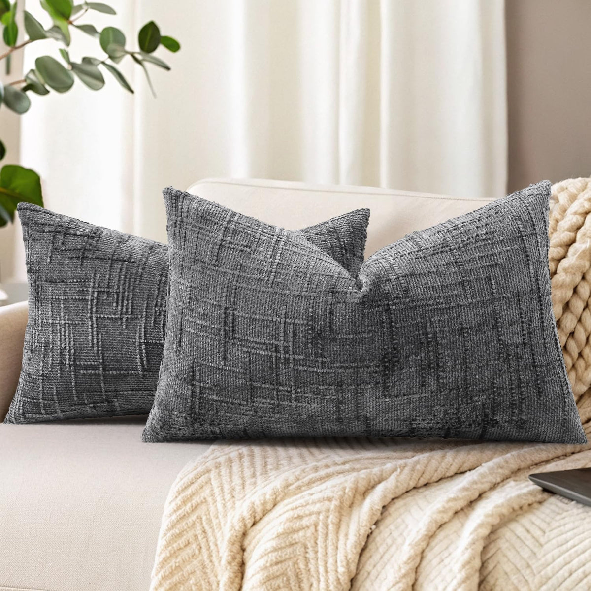 decorUhome Textured Chenille Throw Pillow Covers 18x18 Set of 2 Cream White