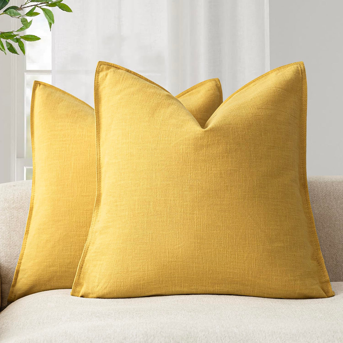 Foindtower Linen Solid Decorative Throw Pillow Covers 20x20 Natural Beige