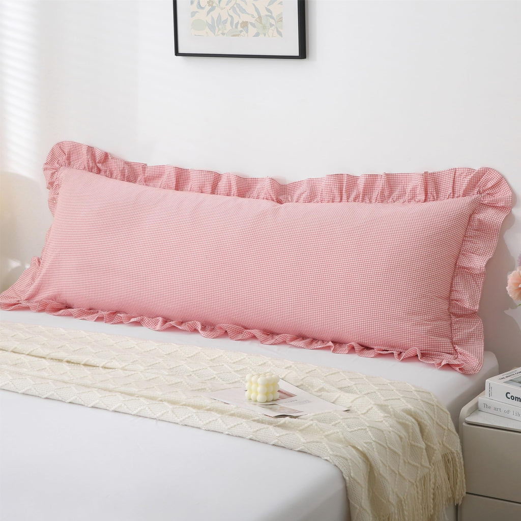 Gingham Throw Pillow Covers 18x18, Warm Taupe/White, Ruffle Trim