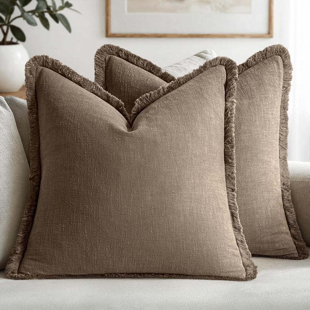 MIULEE Linen Fringe Decorative Throw Pillow Covers Natural Beige 20x20