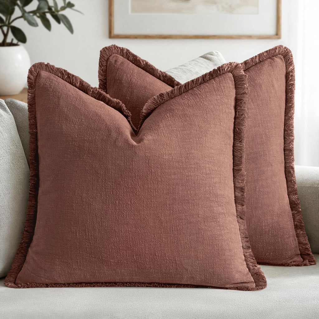 MIULEE Linen Fringe Decorative Throw Pillow Covers Natural Beige 20x20