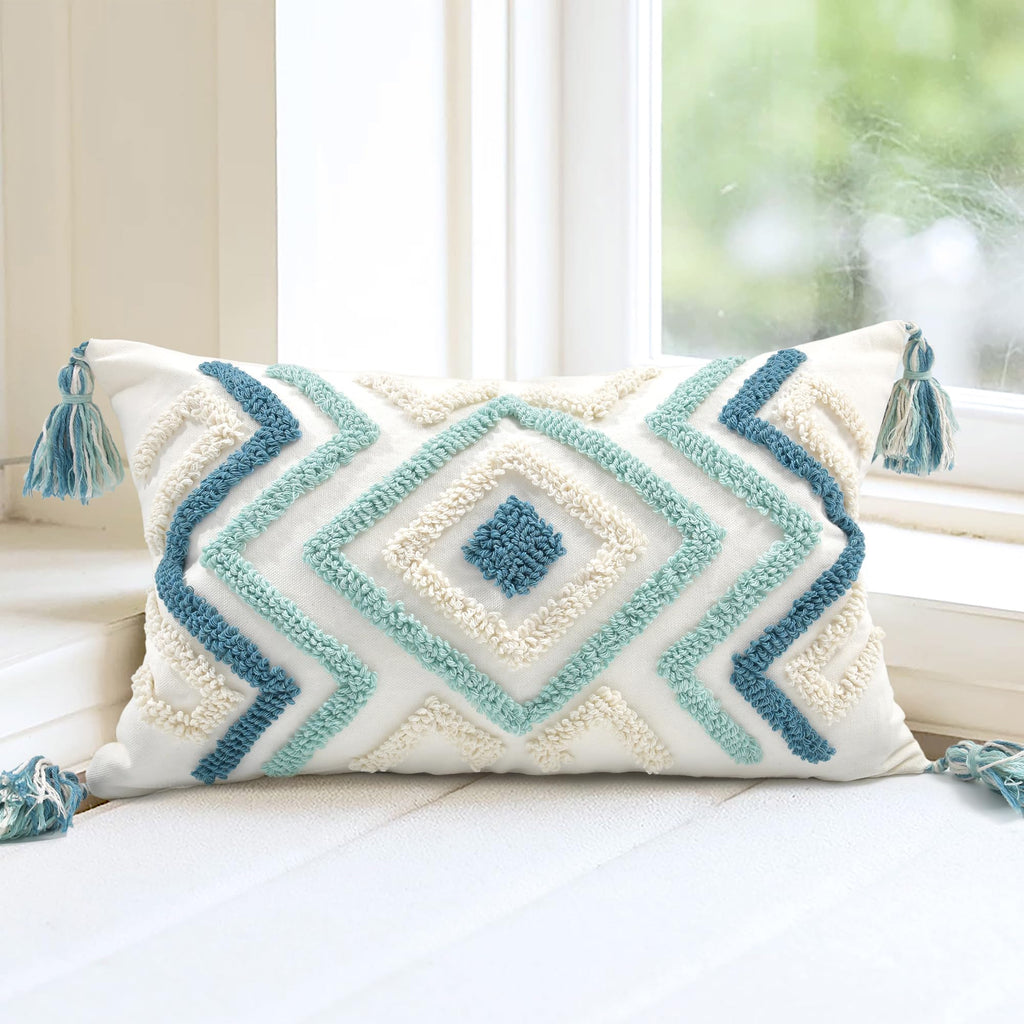 Lumbar Boho Pillow Covers 12x20 Tufted Teal for Couch Bed Teal