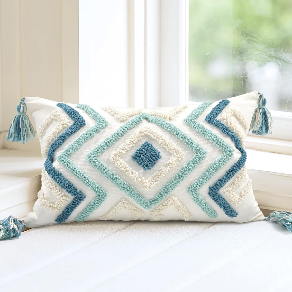 Boho Pillow Covers 18X18 Inch Boho Tufted Throw Pillow Covers Decorative Tassels Cushion Cover Farmhouse Pillow Case for Couch Sofa Bed Living Room Bedroom, Green
