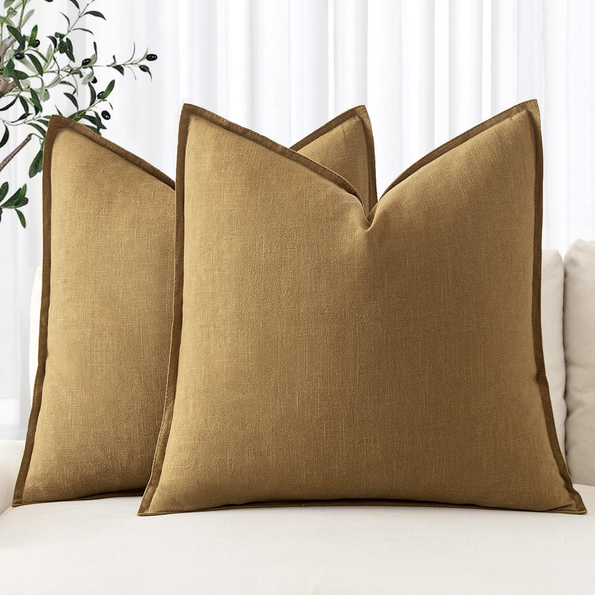 MIULEE Decorative Linen Euro Sham Pillow Covers 22x22 Inch Natural Beige