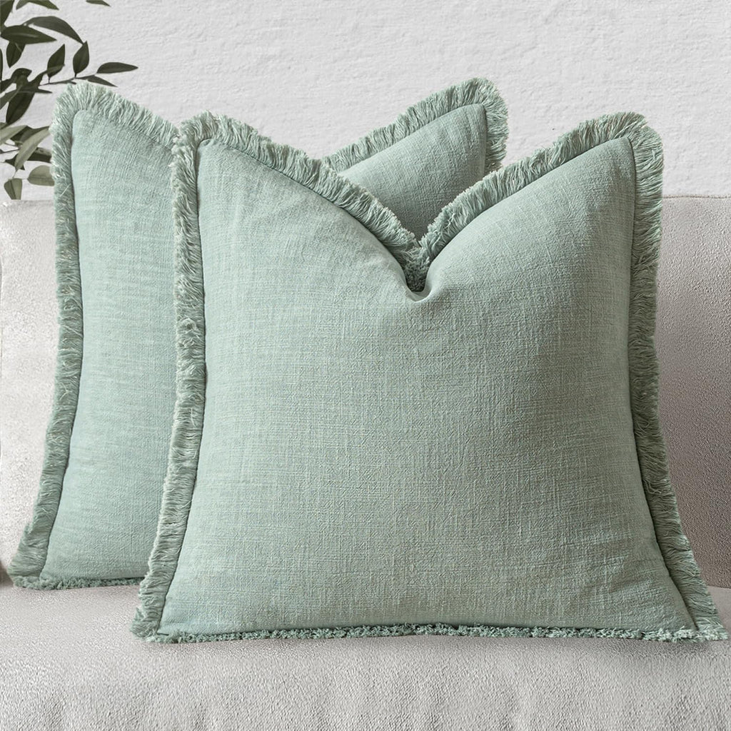 MIULEE Linen Fringe Decorative Throw Pillow Covers Natural Beige 20x20