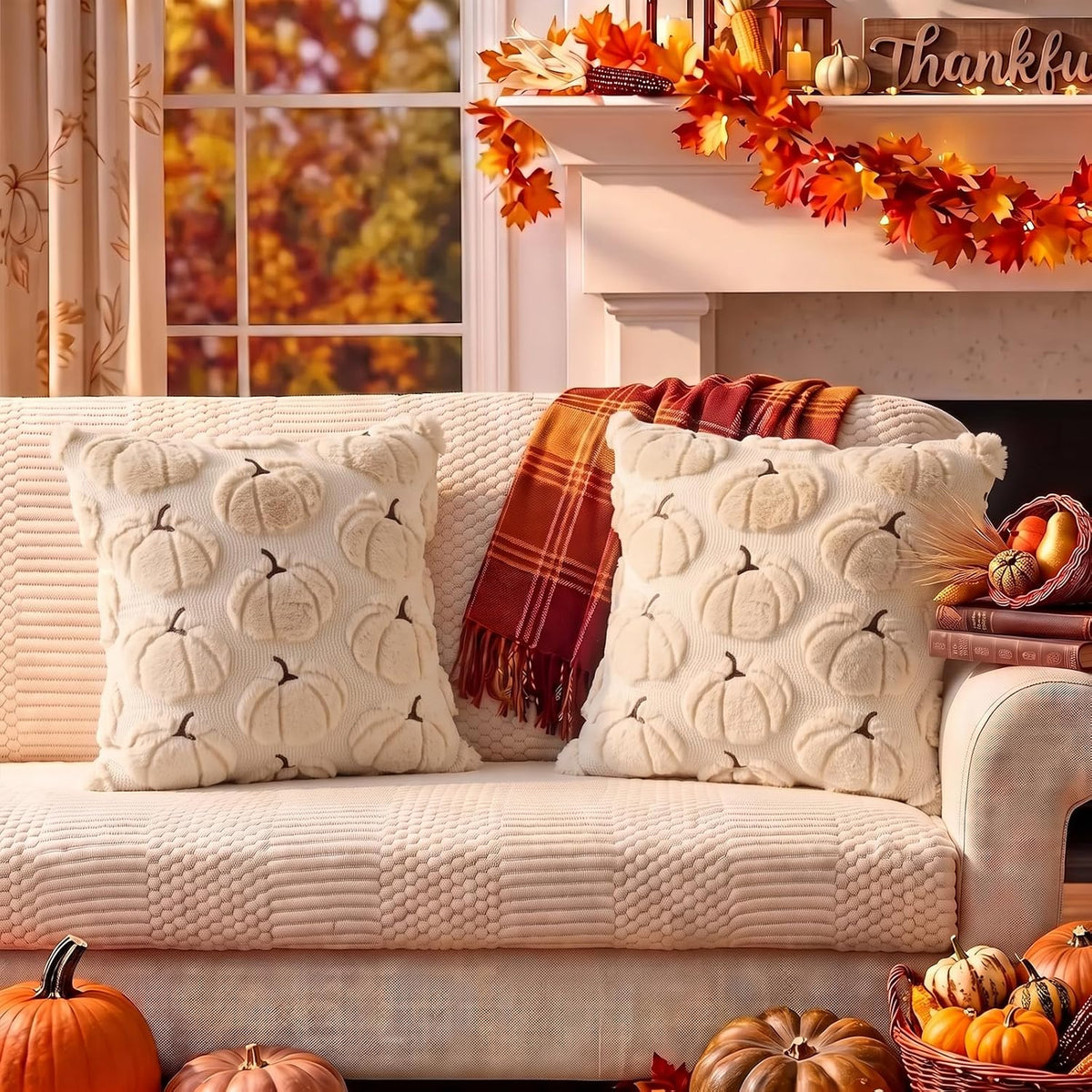 Fall Pillow Covers Pumpkin Fall Decor 18x18 Set of 2 Beige