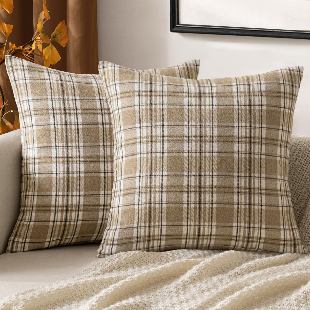 MIULEE Fall Plaid Pillow Covers Scottish Tartan 18x18 Brown