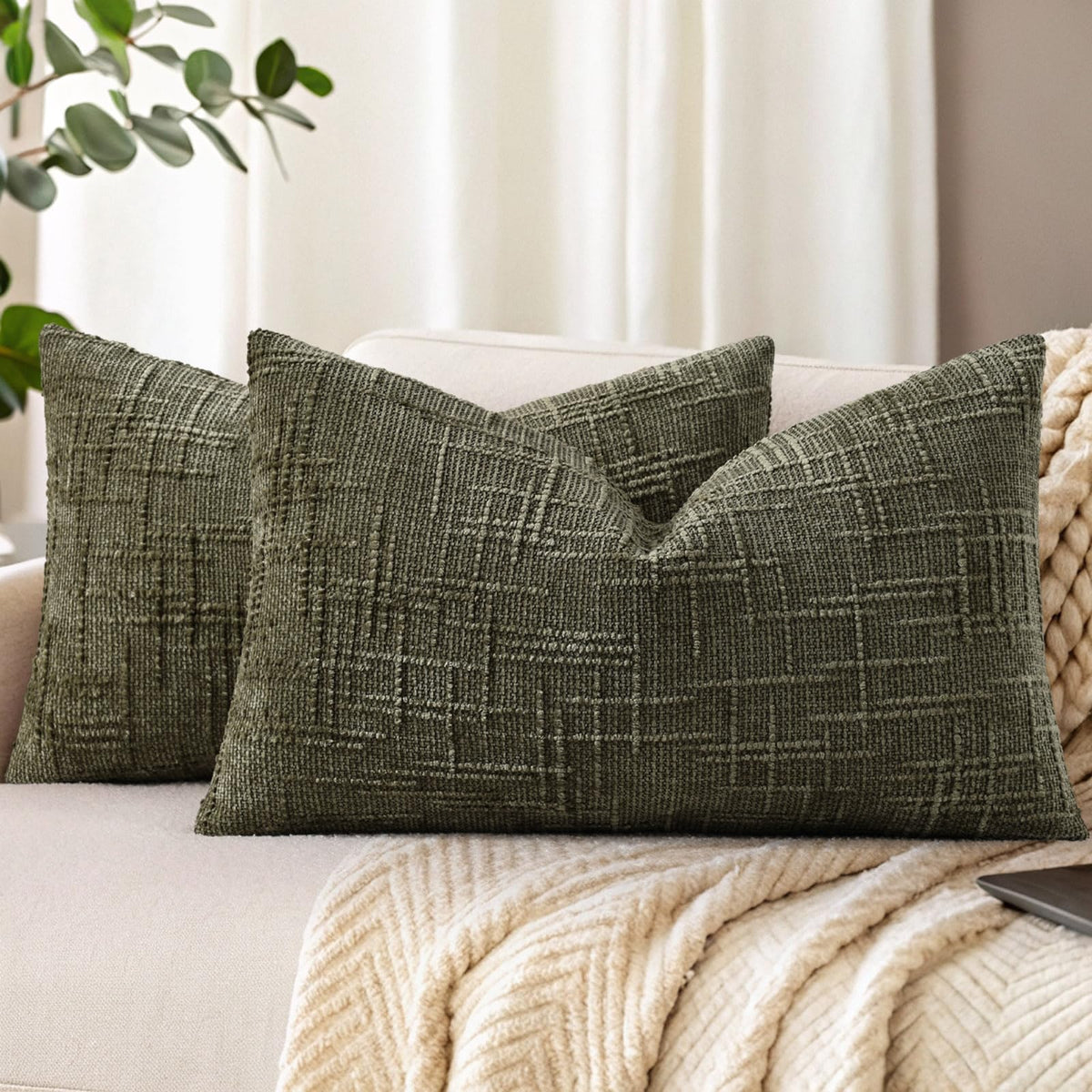 decorUhome Textured Chenille Throw Pillow Covers 18x18 Set of 2 Cream White