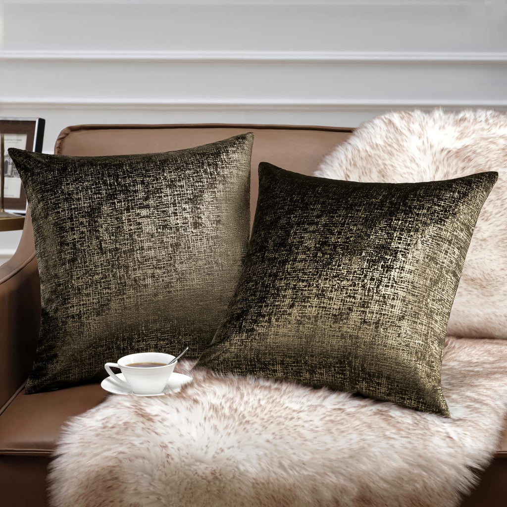 Phantoscope Pack of 2 Sparkling Velvet Geometric-pattern Throw Decorative Pillow Cover Soft Gold Glitter Square Cushion Cover Pillowcase for Couch Bed and Chair, Dark Brown, 18 x 18 inches, 45 x 45 cm