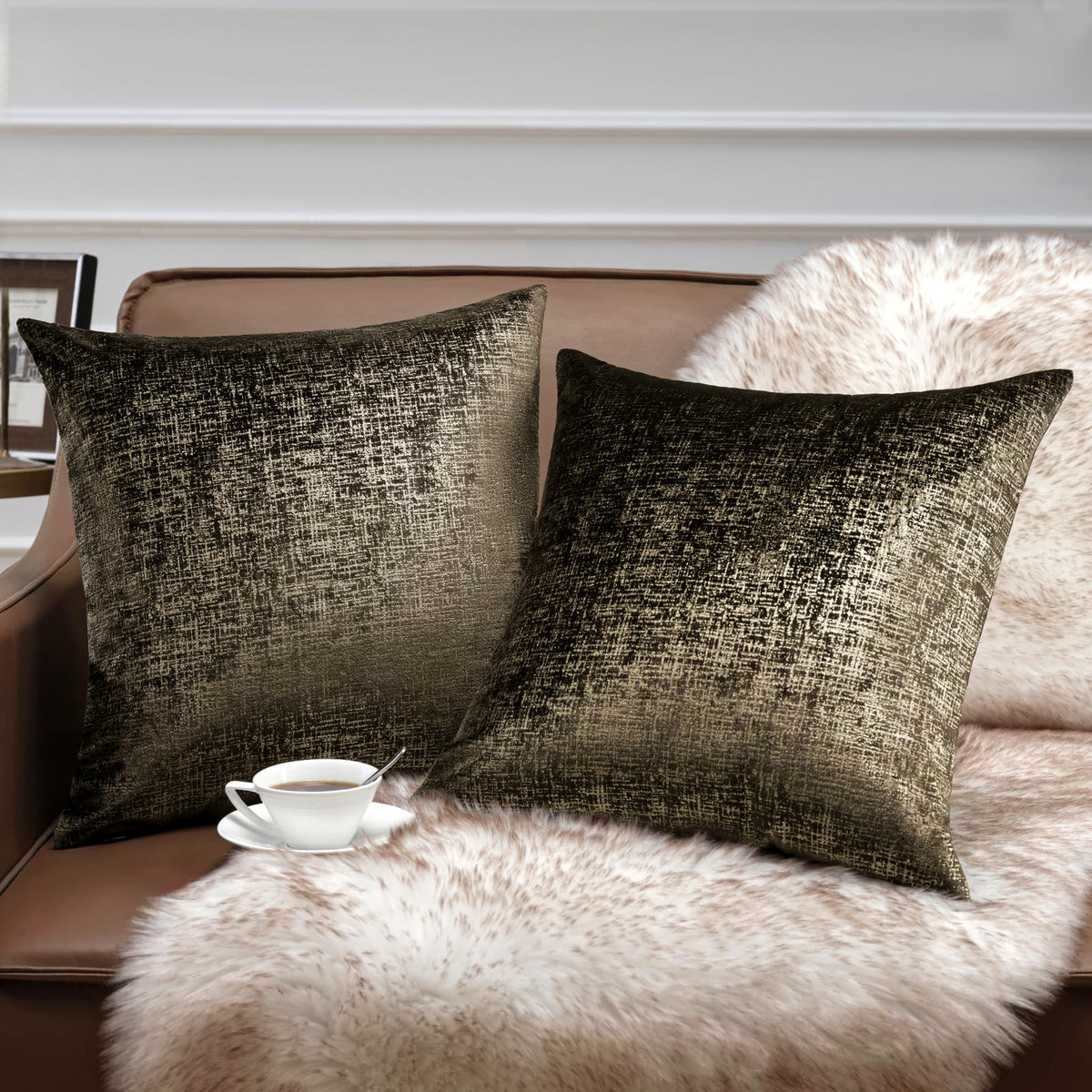 Phantoscope Pack of 2 Sparkling Velvet Geometric-pattern Throw Decorative Pillow Cover Soft Gold Glitter Square Cushion Cover Pillowcase for Couch Bed and Chair, Dark Brown, 18 x 18 inches, 45 x 45 cm
