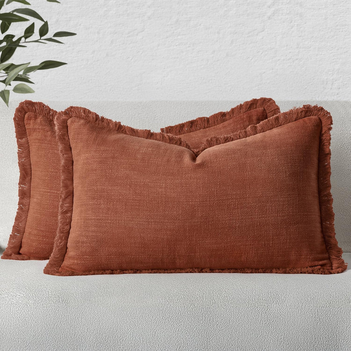 MIULEE Linen Fringe Decorative Throw Pillow Covers Natural Beige 20x20