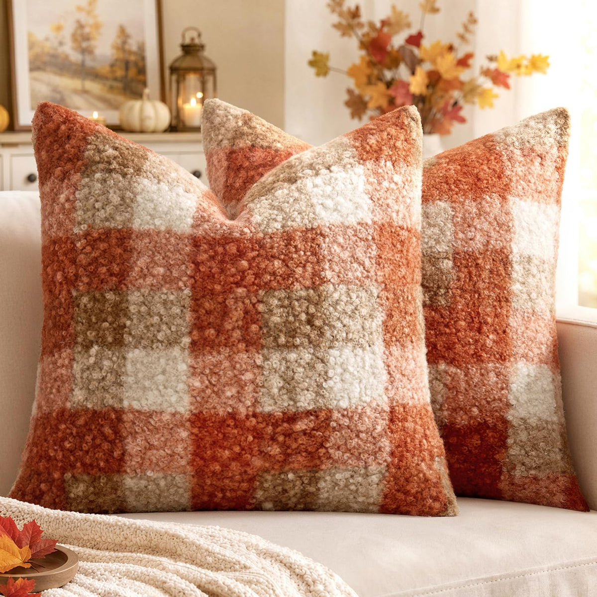 MIULEE Fall Plaid Pillow Covers Boucle Khaki White 18x18 Set of 2