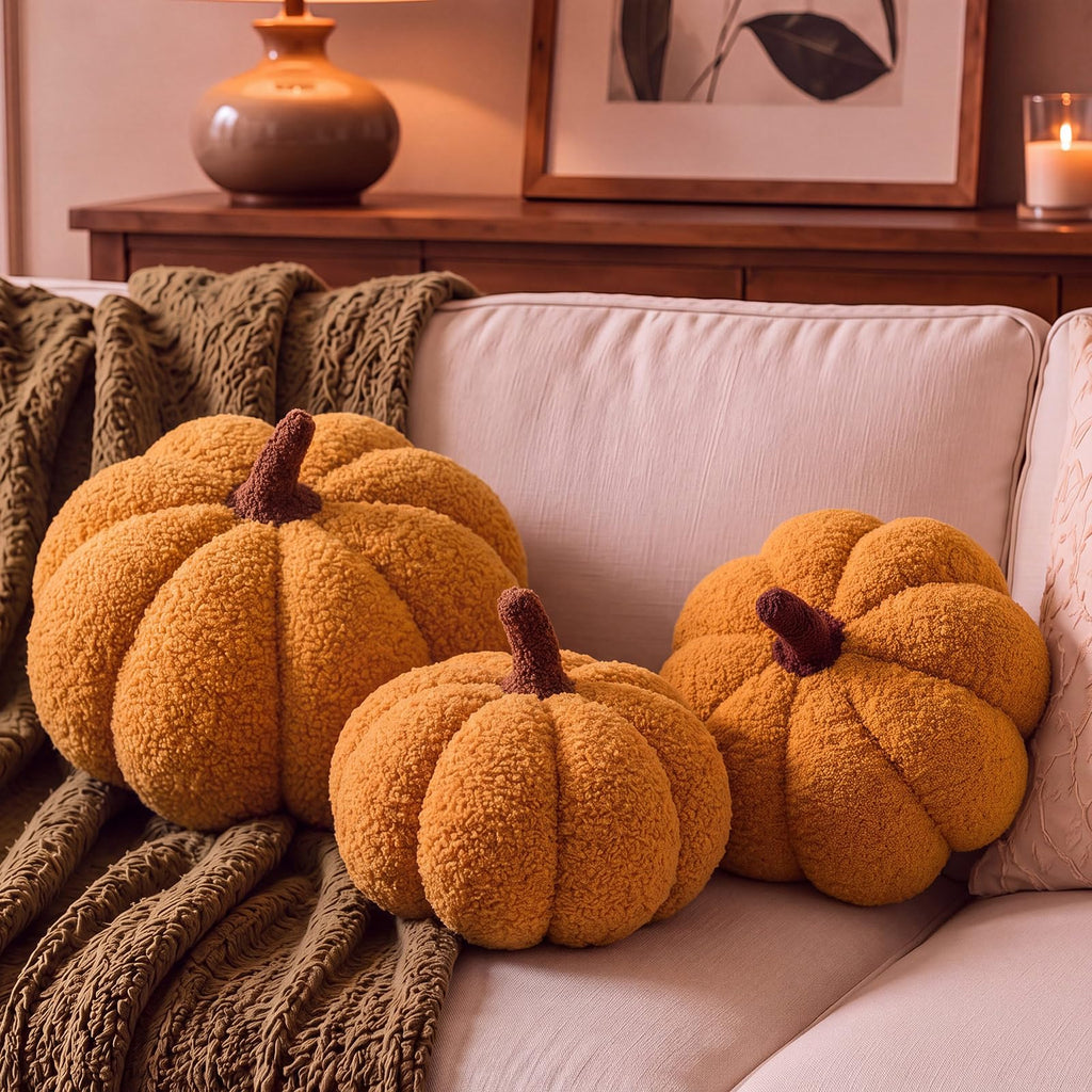 Juexica 3 Pcs Stuffed Pumpkin Pillows Fall Decor Cushions,Cool Neutral