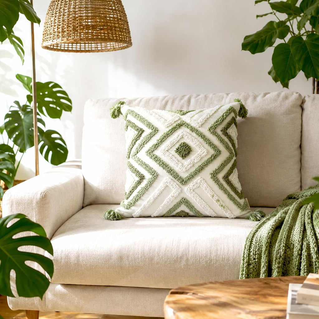 Boho Pillow Covers 18X18 Inch Boho Tufted Throw Pillow Covers Decorative Tassels Cushion Cover Farmhouse Pillow Case for Couch Sofa Bed Living Room Bedroom, Green