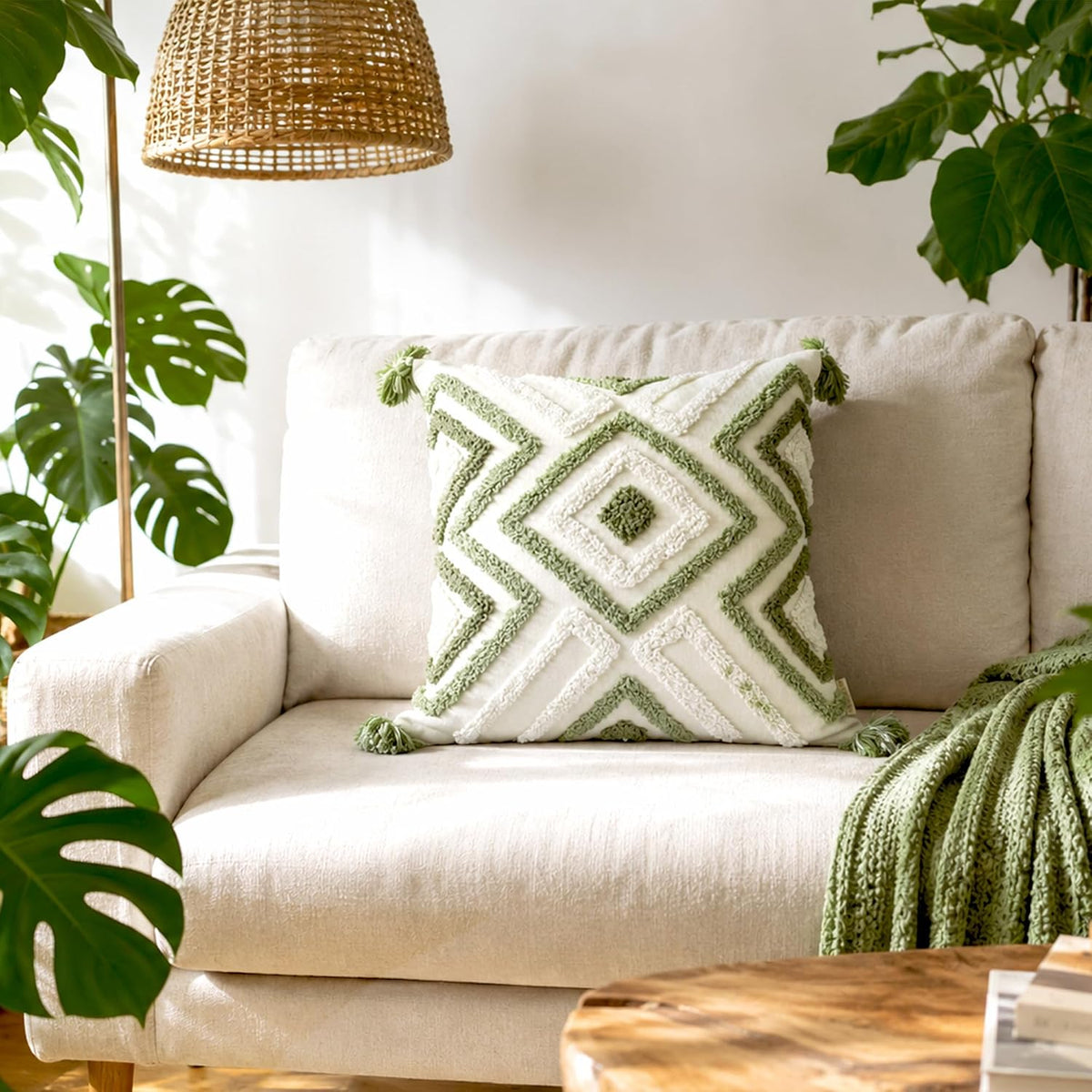Boho Pillow Covers 18X18 Inch Boho Tufted Throw Pillow Covers Decorative Tassels Cushion Cover Farmhouse Pillow Case for Couch Sofa Bed Living Room Bedroom, Green