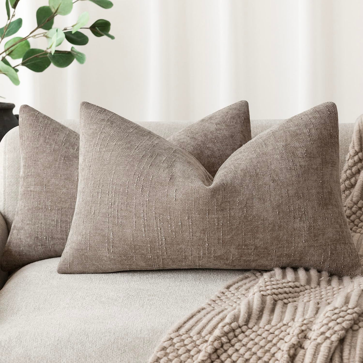 Foindtower Solid Textured Chenille Throw Pillow Covers 20x20 Inch,Taupe