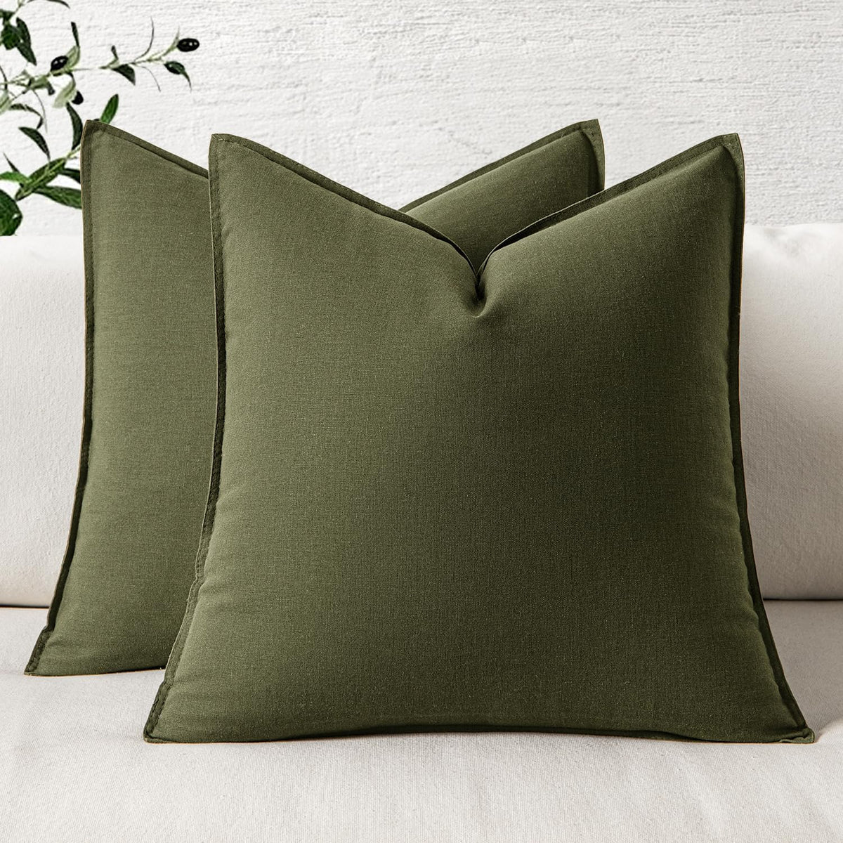 MIULEE Pack of 2 Decorative Linen Pillow Covers 18x18 Inch Olive Green