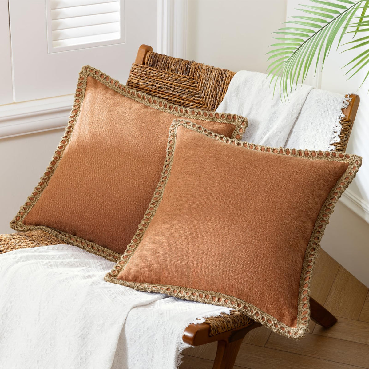 Phantoscope Pack of 2 Farmhouse Decorative Solid Throw Decorative Pillow Cover Burlap Linen Trimmed Tailored Edges Navy Blue 18 x 18 inches, 45 x 45 cm