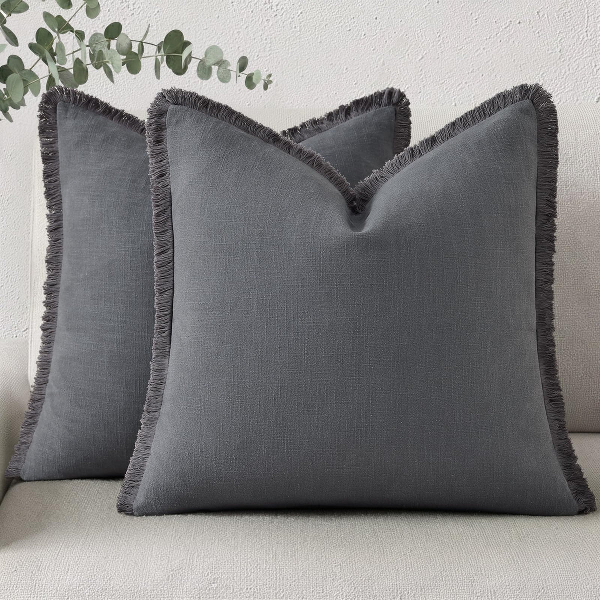 decorUhome Linen Fringe Natural Beige Throw Pillow Covers 18x18 Set of 2