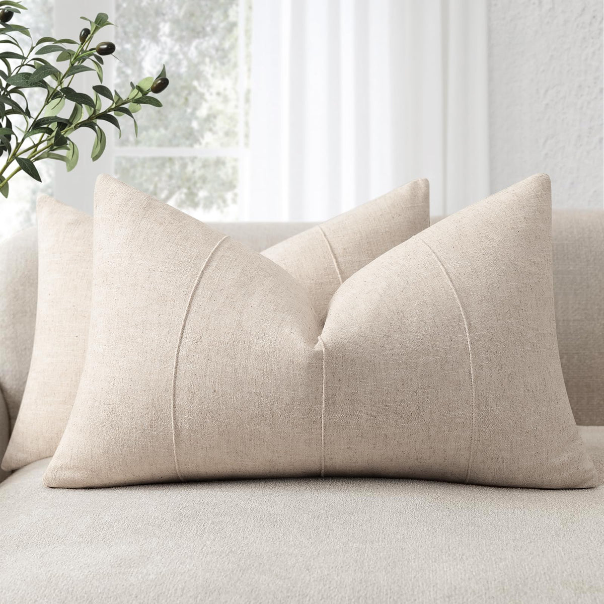 Decorative Linen Throw Pillow Covers 18x18 Set of 2 Solid handcrafted Striped Cushion Covers for Bed Soft Modern Farmhouse Neutral Pillowcase for Couch Bedroom Living Room Home Decor(Natural Beige)