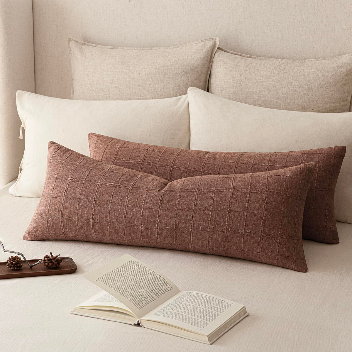 Foindtower Boho Linen Check Decorative Throw Pillow Cover 20×20 Olive Green