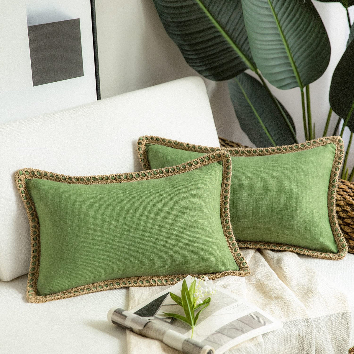Phantoscope Pack of 2 Farmhouse Decorative Solid Throw Decorative Pillow Cover Burlap Linen Trimmed Tailored Edges Navy Blue 18 x 18 inches, 45 x 45 cm