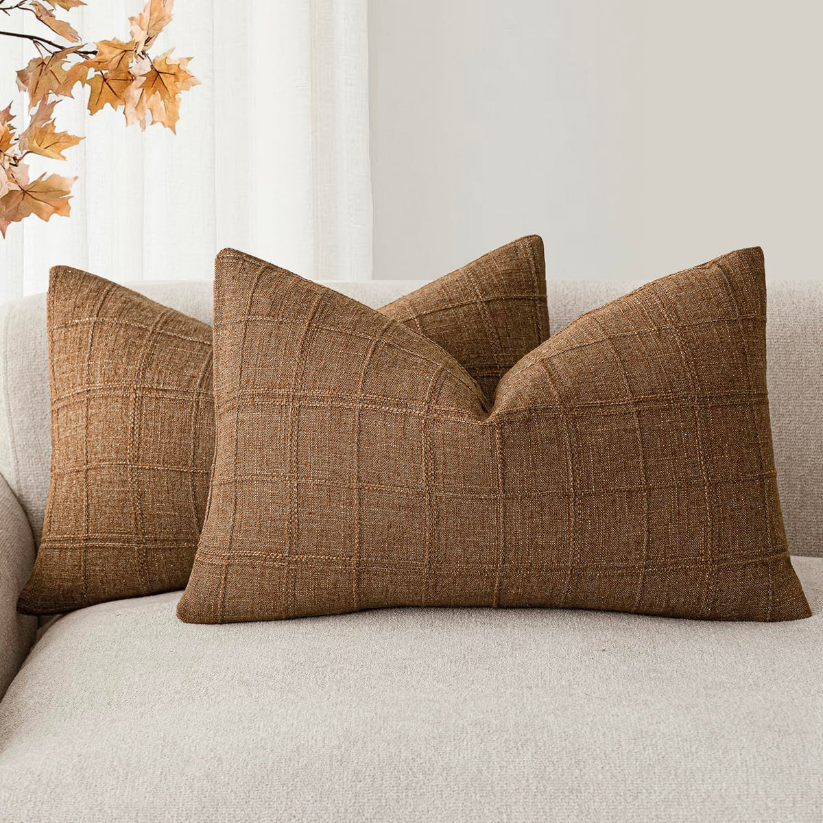 Foindtower Boho Linen Check Decorative Throw Pillow Cover 20×20 Olive Green