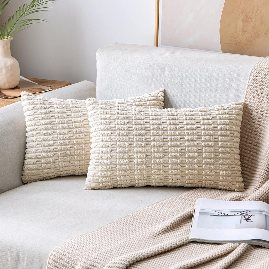 MIULEE Lumbar Corduroy Decorative Throw Pillow Covers 12x20 Cream White