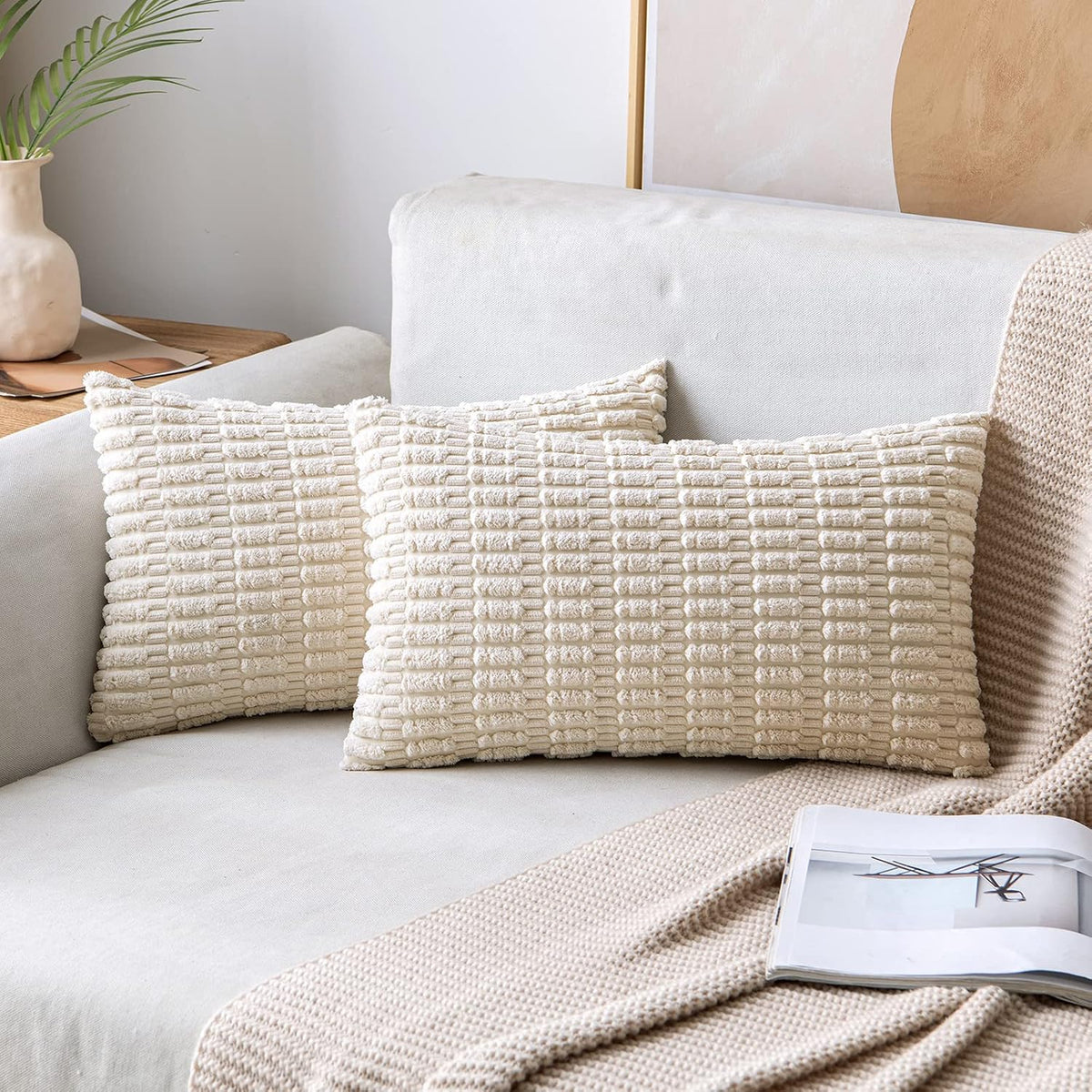 MIULEE Lumbar Corduroy Decorative Throw Pillow Covers 12x20 Cream White