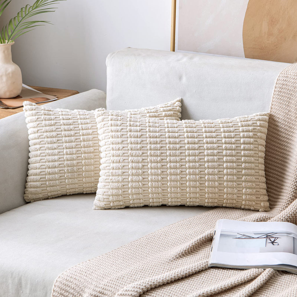 MIULEE Lumbar Corduroy Decorative Throw Pillow Covers 12x20 Cream White