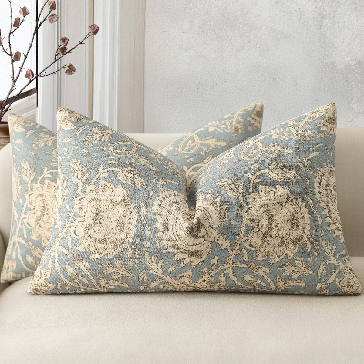 Vintage Floral Print Throw Pillow Covers 20x20 Set of 2 Neutral Modern Farmhouse Pillowcase Accent Decorative Cushion Covers Boho Home Decor for Couch Sofa Chair Bed Living Room, Olive Green