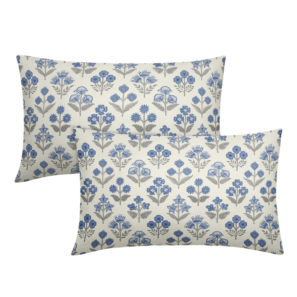 Blue Green Block Print Pillow Covers 18x18 Inch Set of 2, Vintage Floral Spring Decorative Throw Pillow Cases Boho Cushion Covers Rustic Decoration Gift Farmhouse Sofa Couch Bed Decor