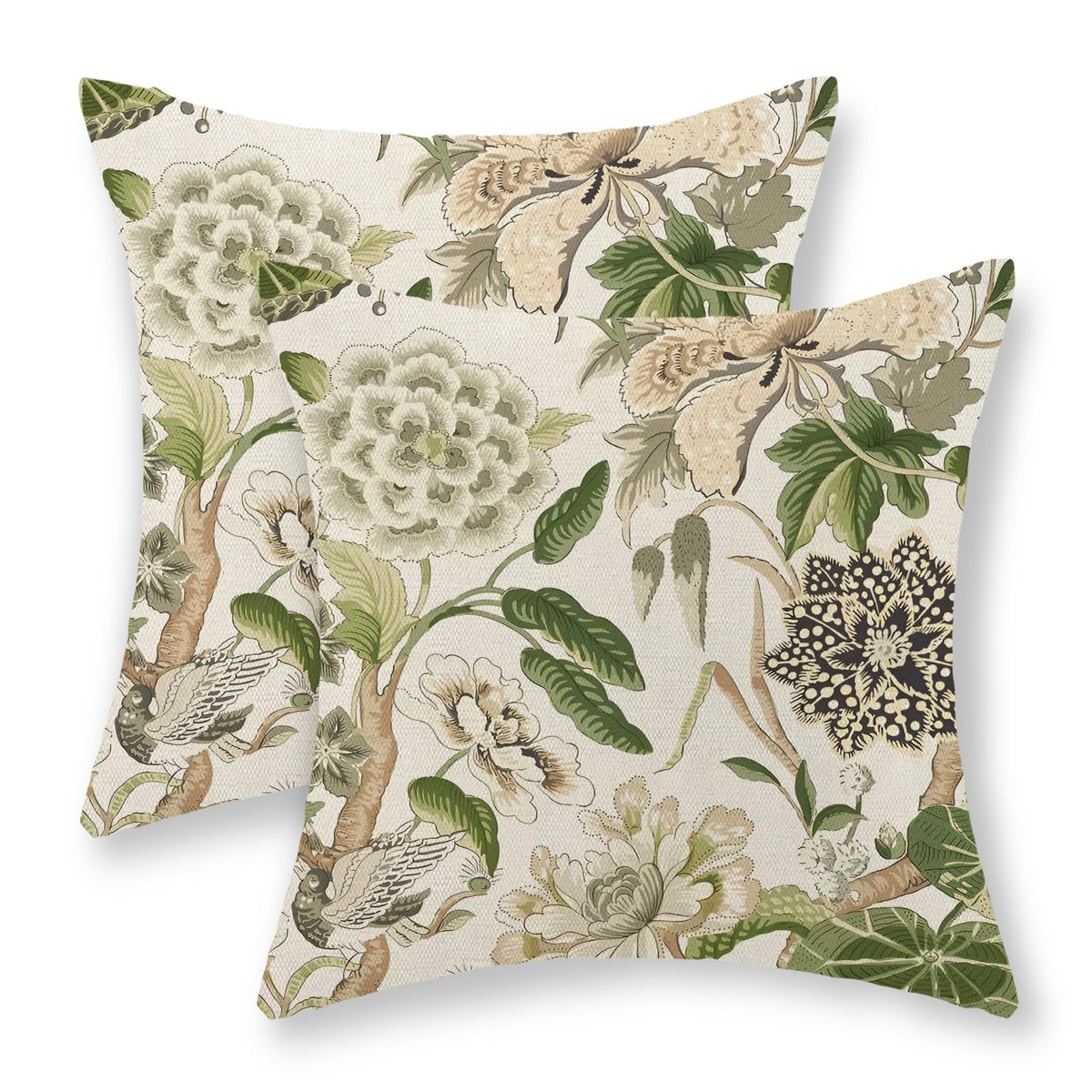 Chinoiserie Pillow Covers 18x18 Set of 2 Blue Green Bird Floral Throw Pillows Vintage Blue Flowers Decorations Outdoor Pillowcase Chinoiserie Decor Farmhouse Linen Cushion Case for Couch Home
