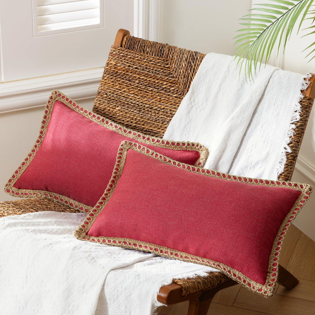 Phantoscope Pack of 2 Farmhouse Decorative Solid Throw Decorative Pillow Cover Burlap Linen Trimmed Tailored Edges Navy Blue 18 x 18 inches, 45 x 45 cm