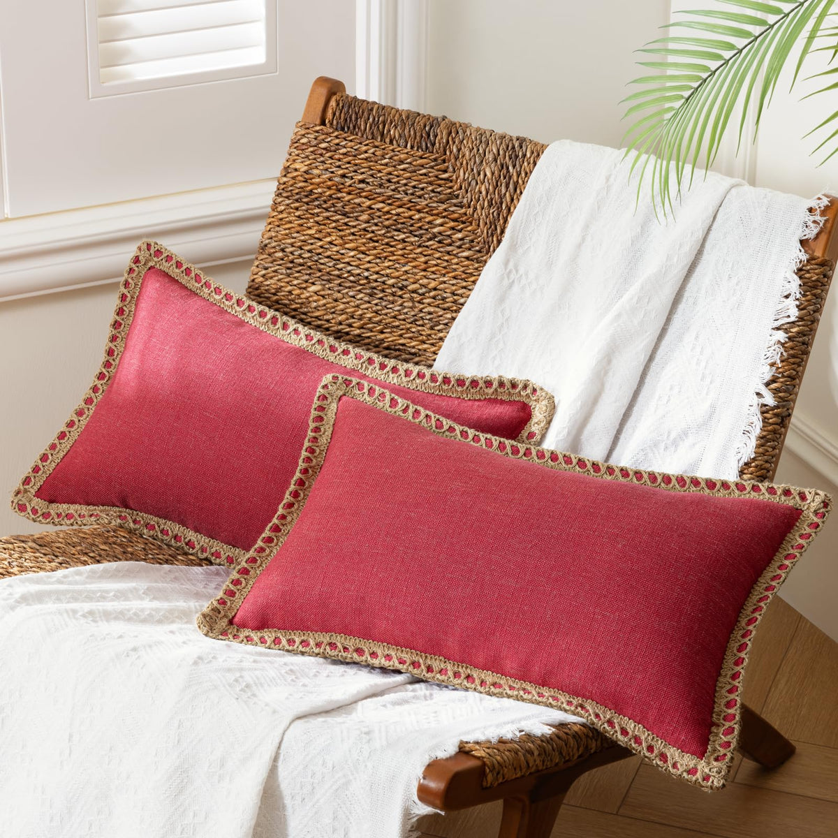 Phantoscope Pack of 2 Farmhouse Decorative Solid Throw Decorative Pillow Cover Burlap Linen Trimmed Tailored Edges Navy Blue 18 x 18 inches, 45 x 45 cm