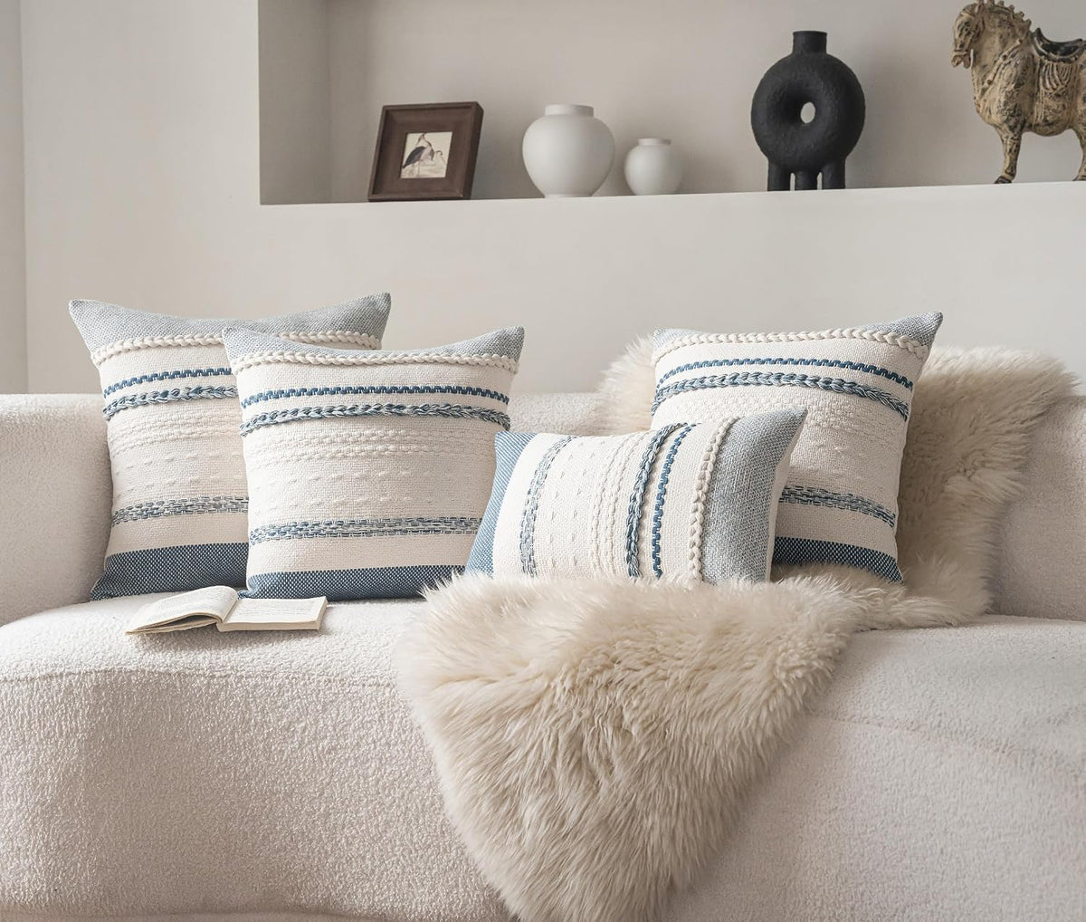 Cethom Boho Throw Pillow Covers 20x20 Inch Set of 2, Blue Textured Decorative Couch Pillow Cases for Farmhouse Home Decor, Accent Cushion Cover for Sofa, Bed, Living Room, Bedroom