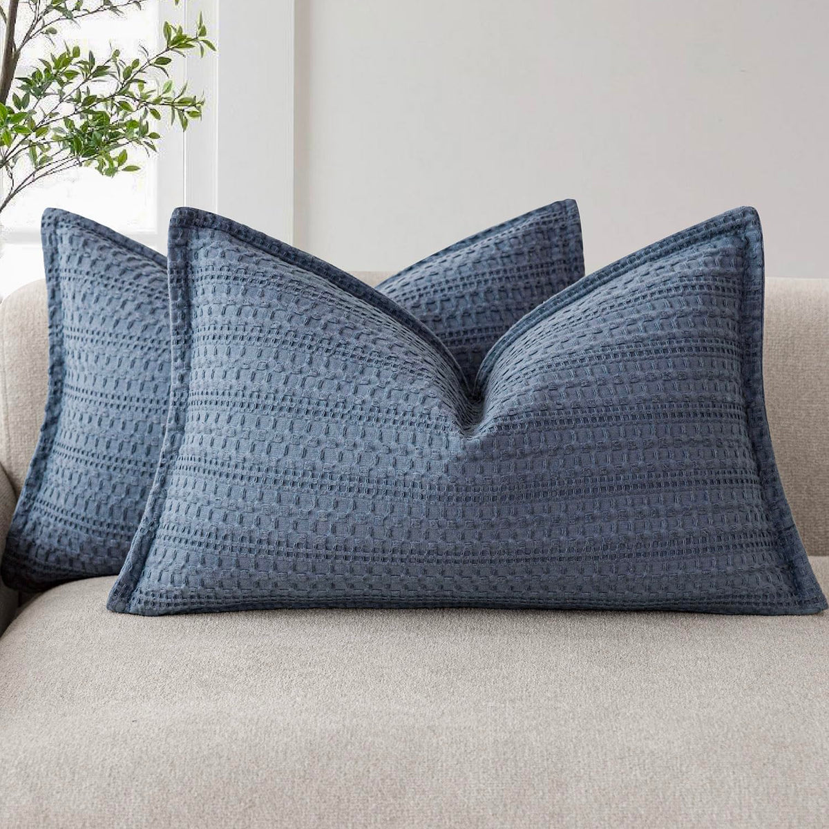 Foindtower Set of 2 Decorative Cotton Waffle Weave Textured Throw Pillow Covers Euro Sham Cushion Covers Accent European Pillowcase For Bed Couch Sofa Bedroom Living Room Home Decor 18×18 Inch Oatmeal