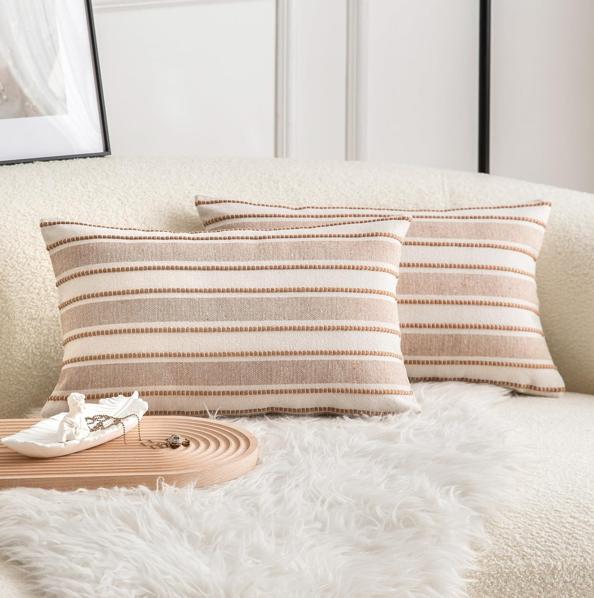 Cethom Decorative Boho Throw Pillow Covers, Farmhouse Textured Pillow Case, 20 x 20 Inch Set of 2, Chair Sofa Bedroom Living Room Home Decor Couch Cushion Case, Classic Blue and Beige Striped