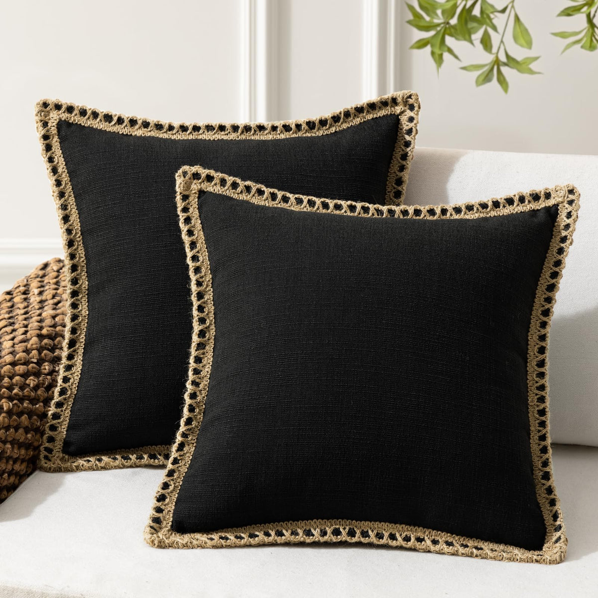 Phantoscope Pack of 2 Farmhouse Decorative Solid Throw Decorative Pillow Cover Burlap Linen Trimmed Tailored Edges Navy Blue 18 x 18 inches, 45 x 45 cm