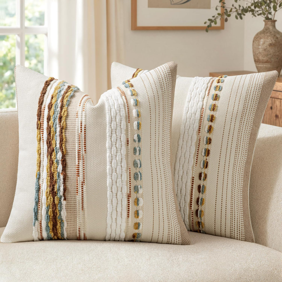 ANRODUO Boho Decorative Pillow Covers Olive Green Stripe 18x18 Pack of 2