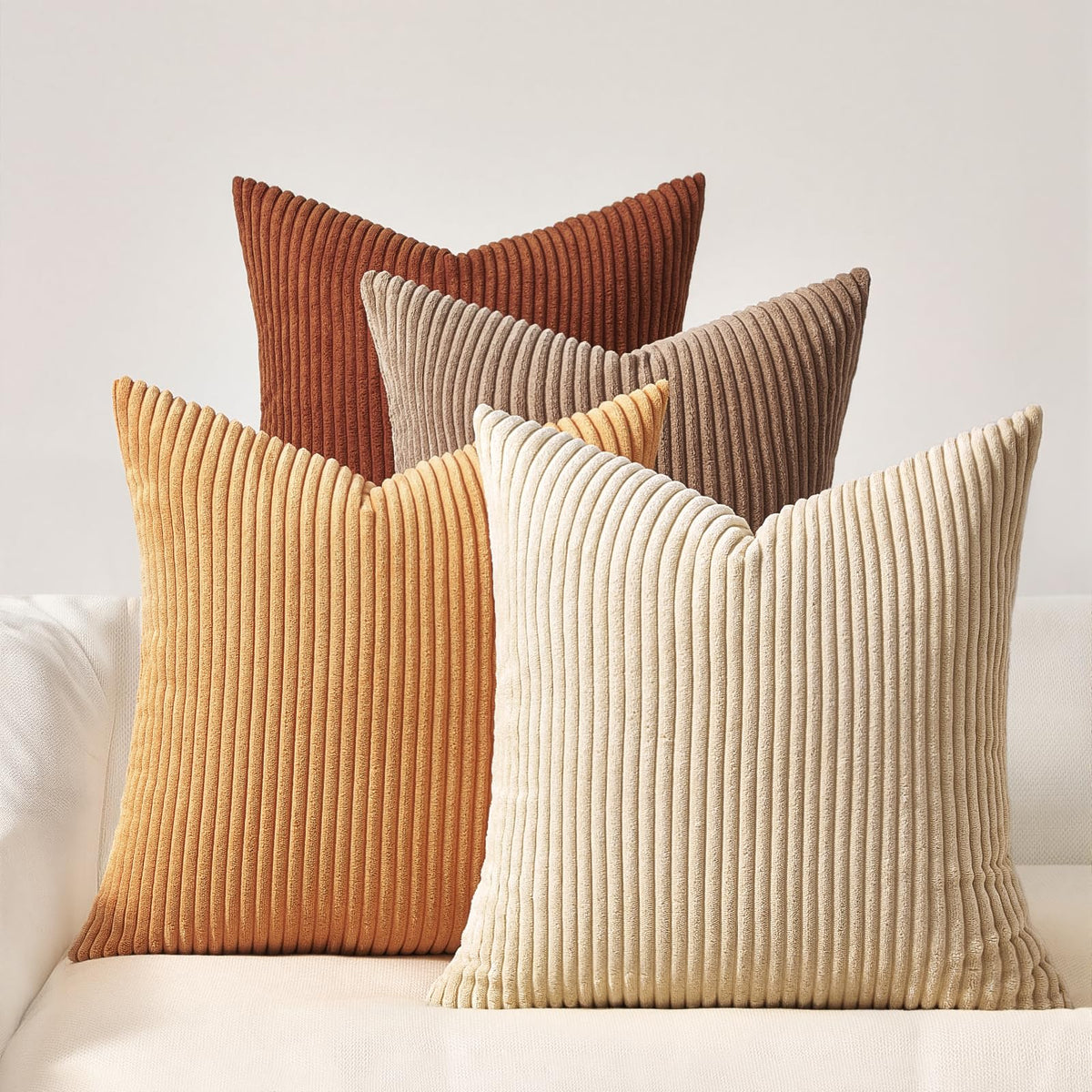 Topfinel Fall Burnt Orange Decorative Throw Pillows Covers 18x18 Inch Set of 4,Yellow Green Gradient Series Corduroy Striped Square Pillow Case,Western Modern Cushion Cover for Couch Sofa Bedroom