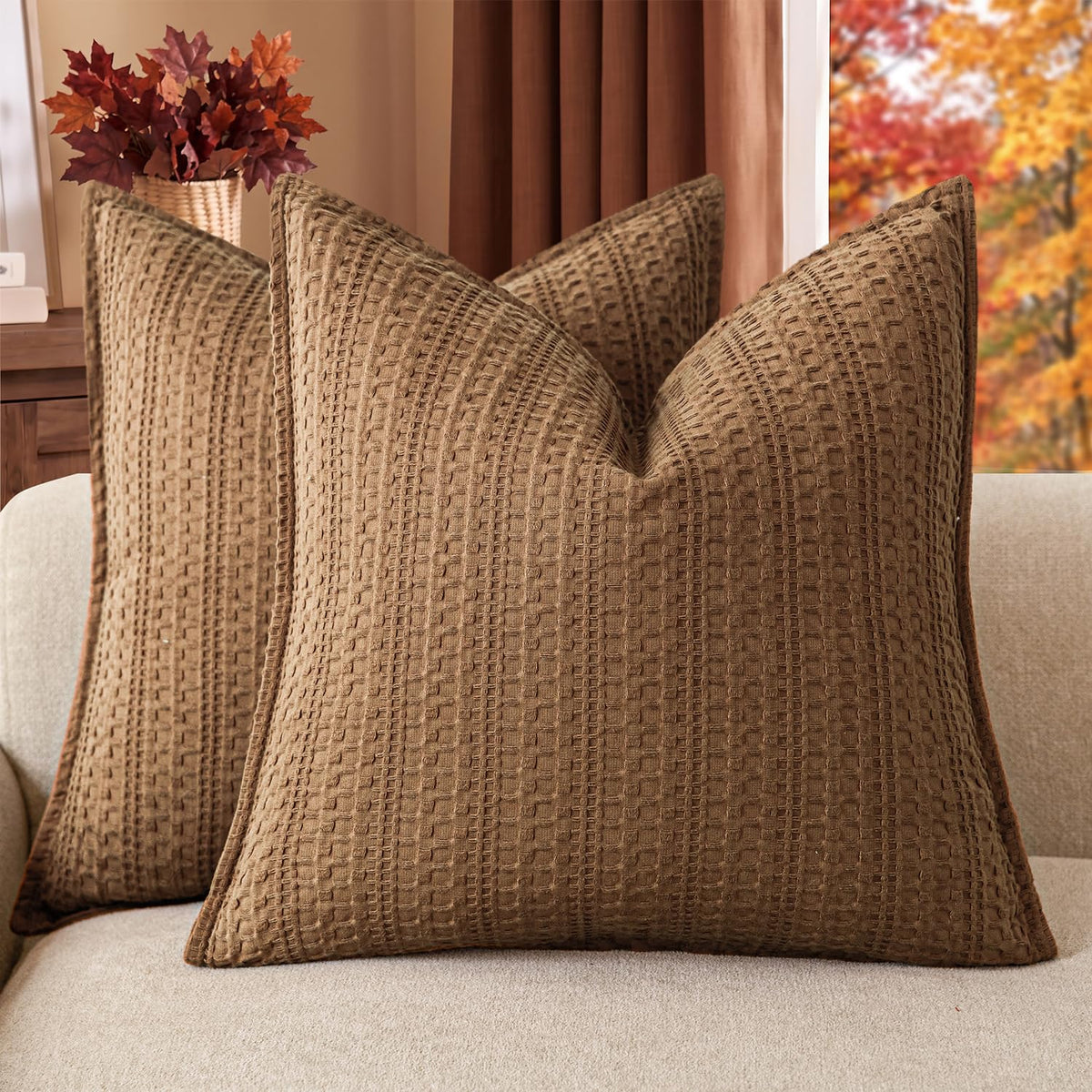 Foindtower Set of 2 Decorative Cotton Waffle Weave Textured Throw Pillow Covers Euro Sham Cushion Covers Accent European Pillowcase For Bed Couch Sofa Bedroom Living Room Home Decor 18×18 Inch Oatmeal